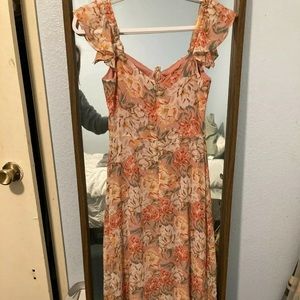 Wayf Peach Floral Maxi dress with ruffle hem and flutter sleeves
